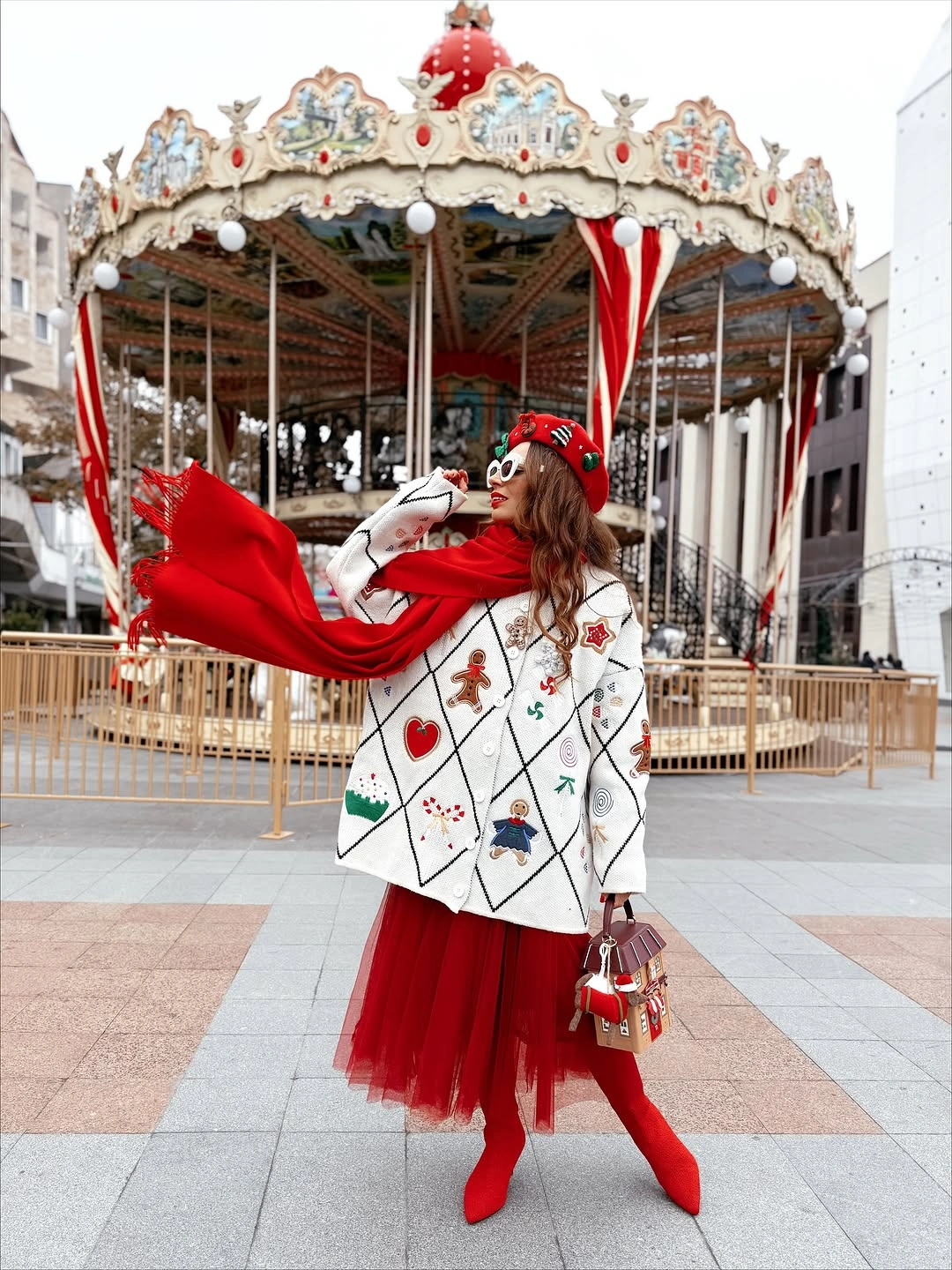 chic christmas outfits 2026 Playful Christmas Cardigan With A Tulle Skirt