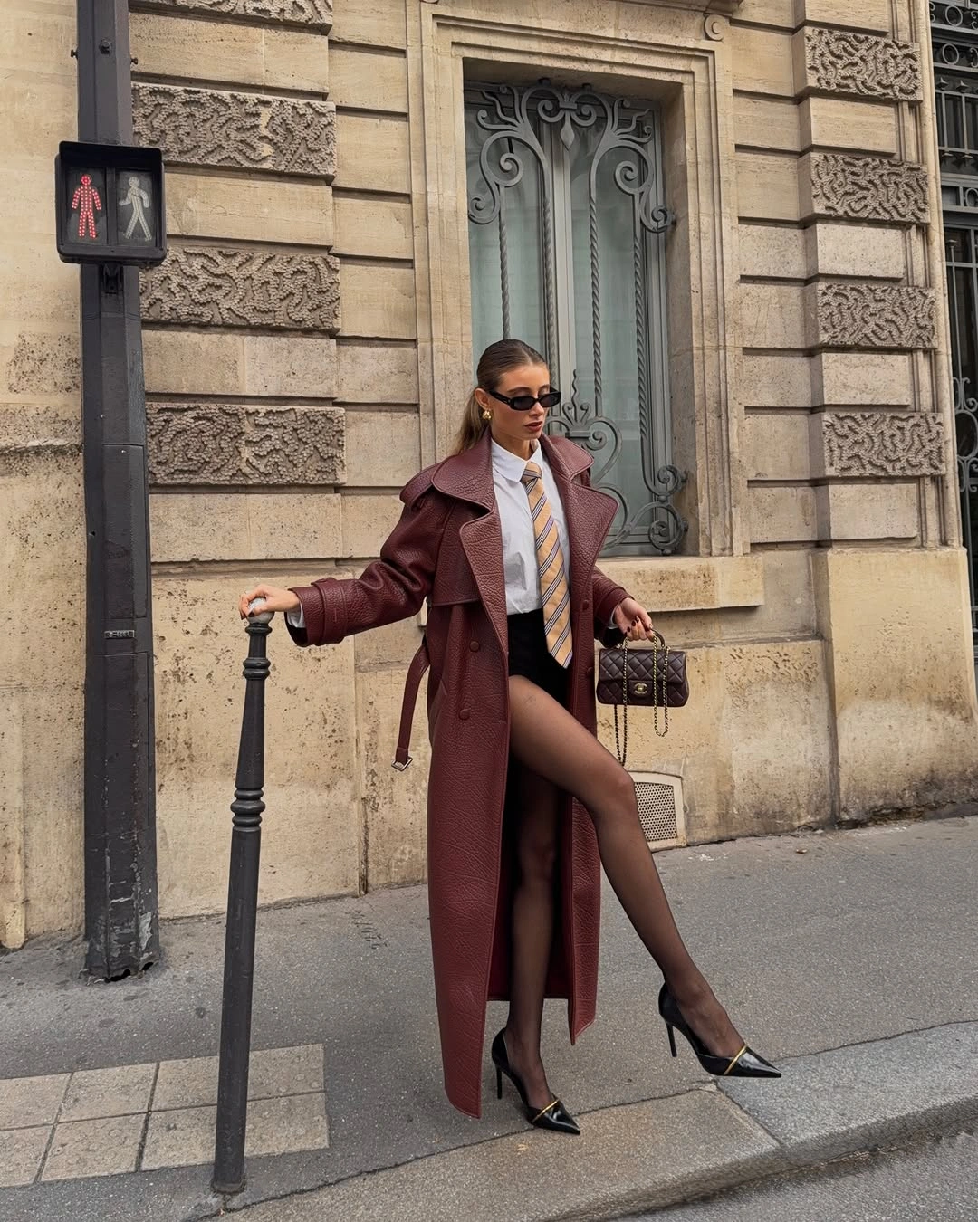 chic early winter outfits - Wine Brown Leather Coat with Tailored Details