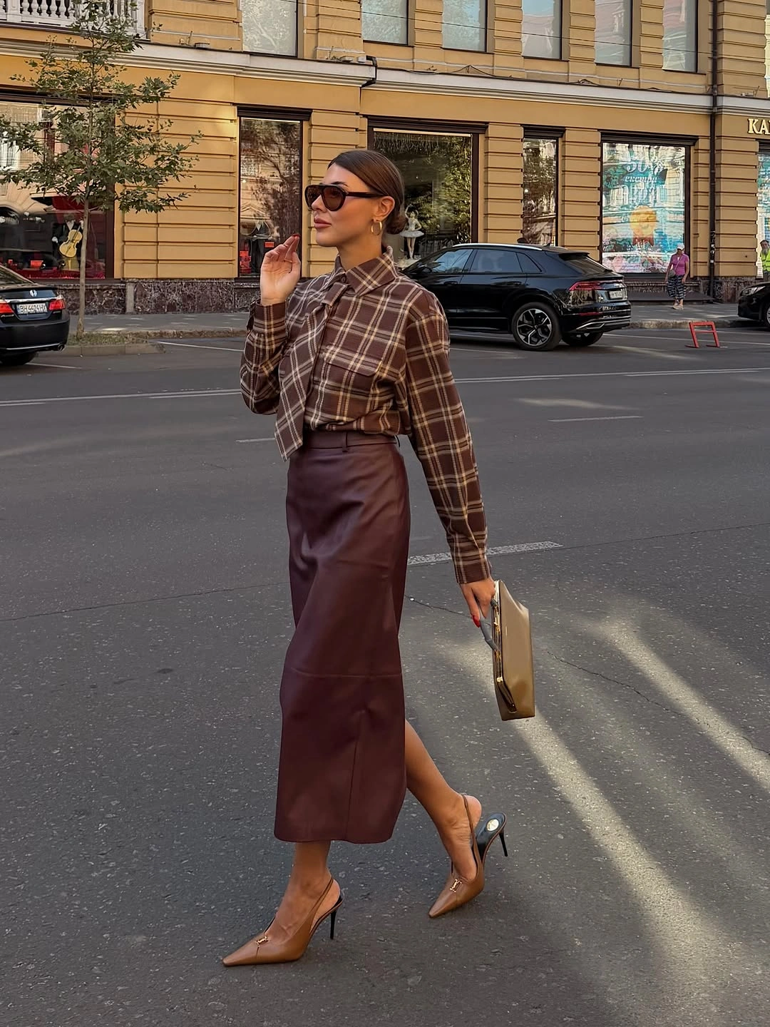 chic early winter outfits - Brown Plaid Shirt with a Satin Midi Skirt