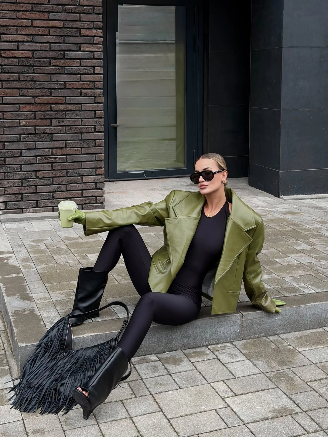 chic early winter outfits - Olive Leather Jacket with an All-Black Base