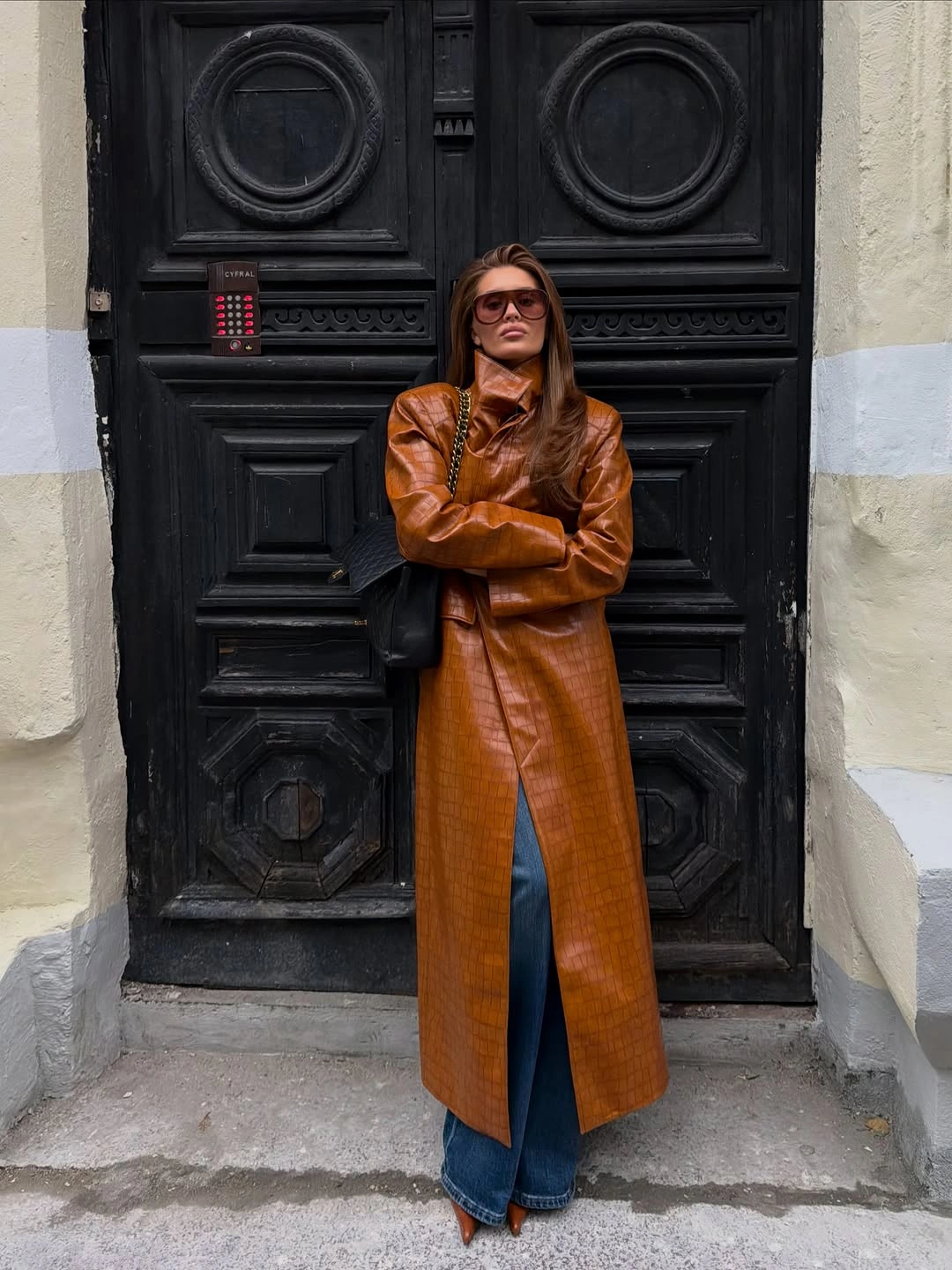 chic early winter outfits - Rust Leather Coat with Wide Leg Jeans