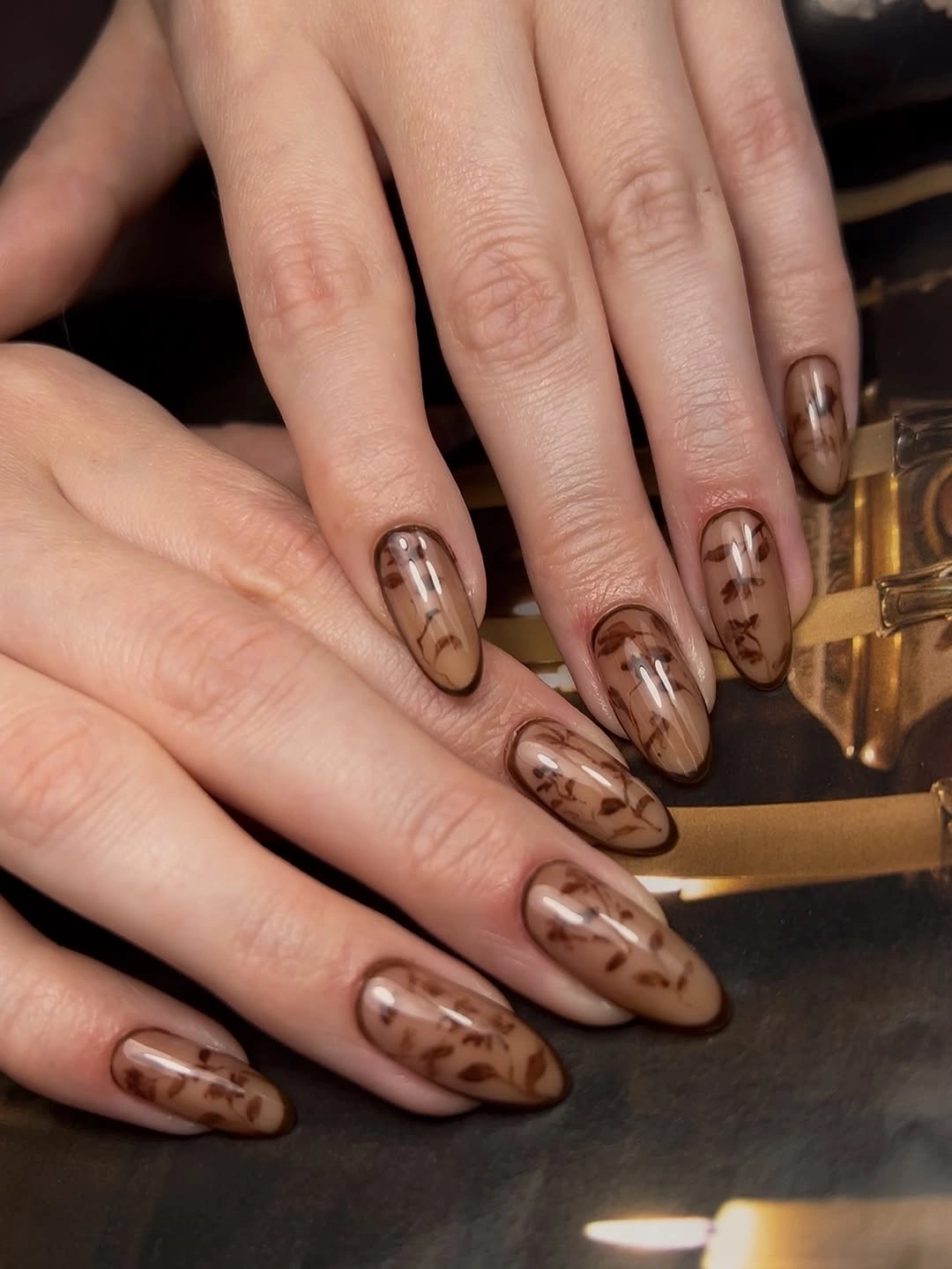 Chic November Nails Ideas 2026 Mocha Botanical Almond Nails