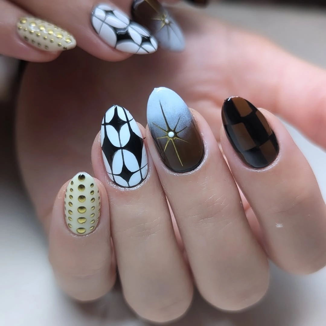 Chic November Nails Ideas 2026 Moody Brown Gold Graphic Nails