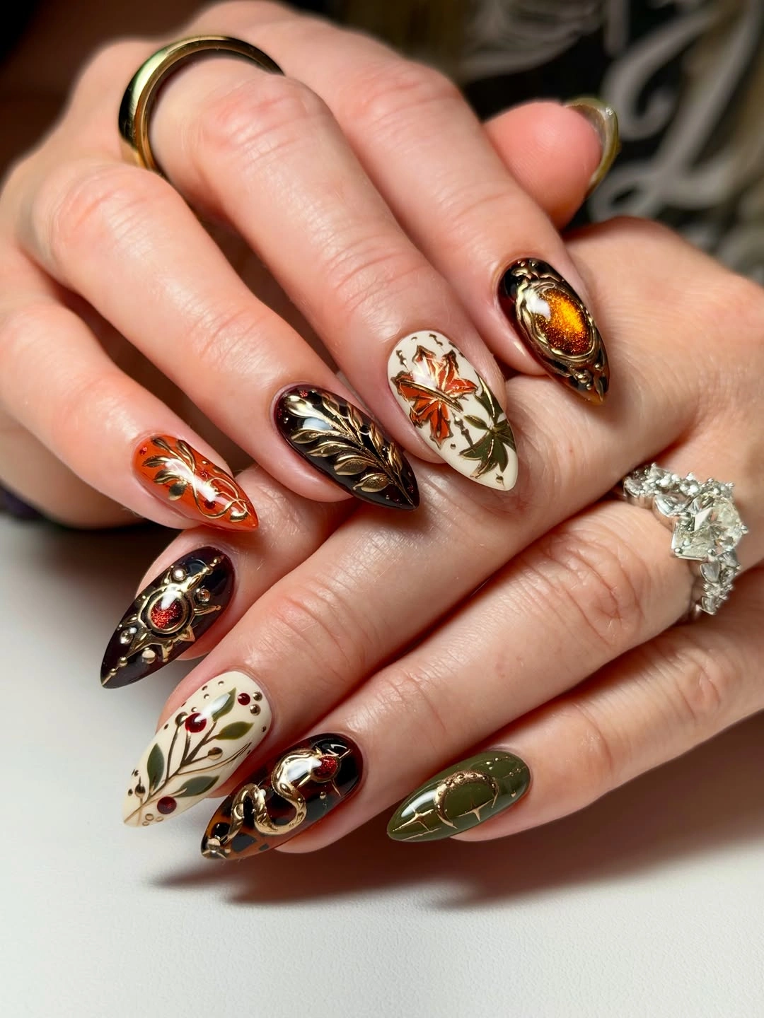 Chic November Nails Ideas 2026 Autumn Botanical Embellished Nails
