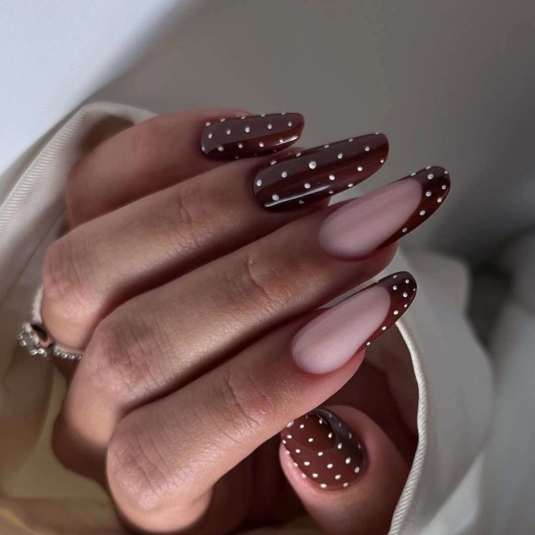 Chic November Nails Ideas 2026 Chocolate Polka Dot French