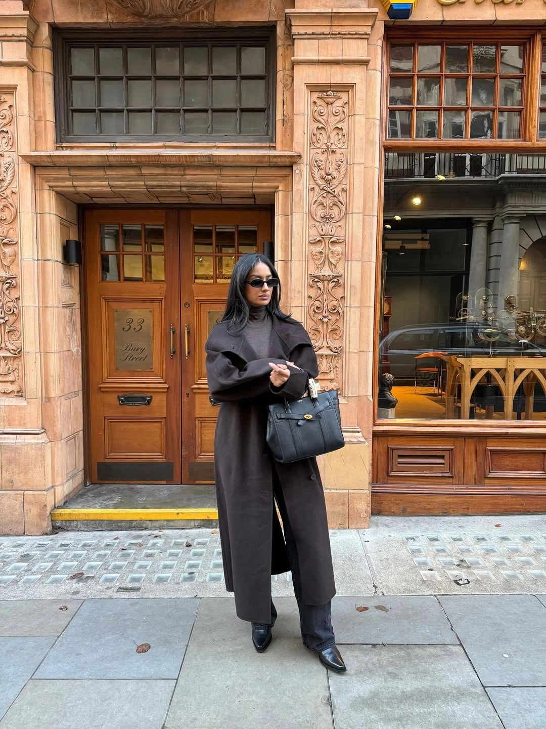 chic winter business casual outfits Long Coat and Black Layers for a City Winter