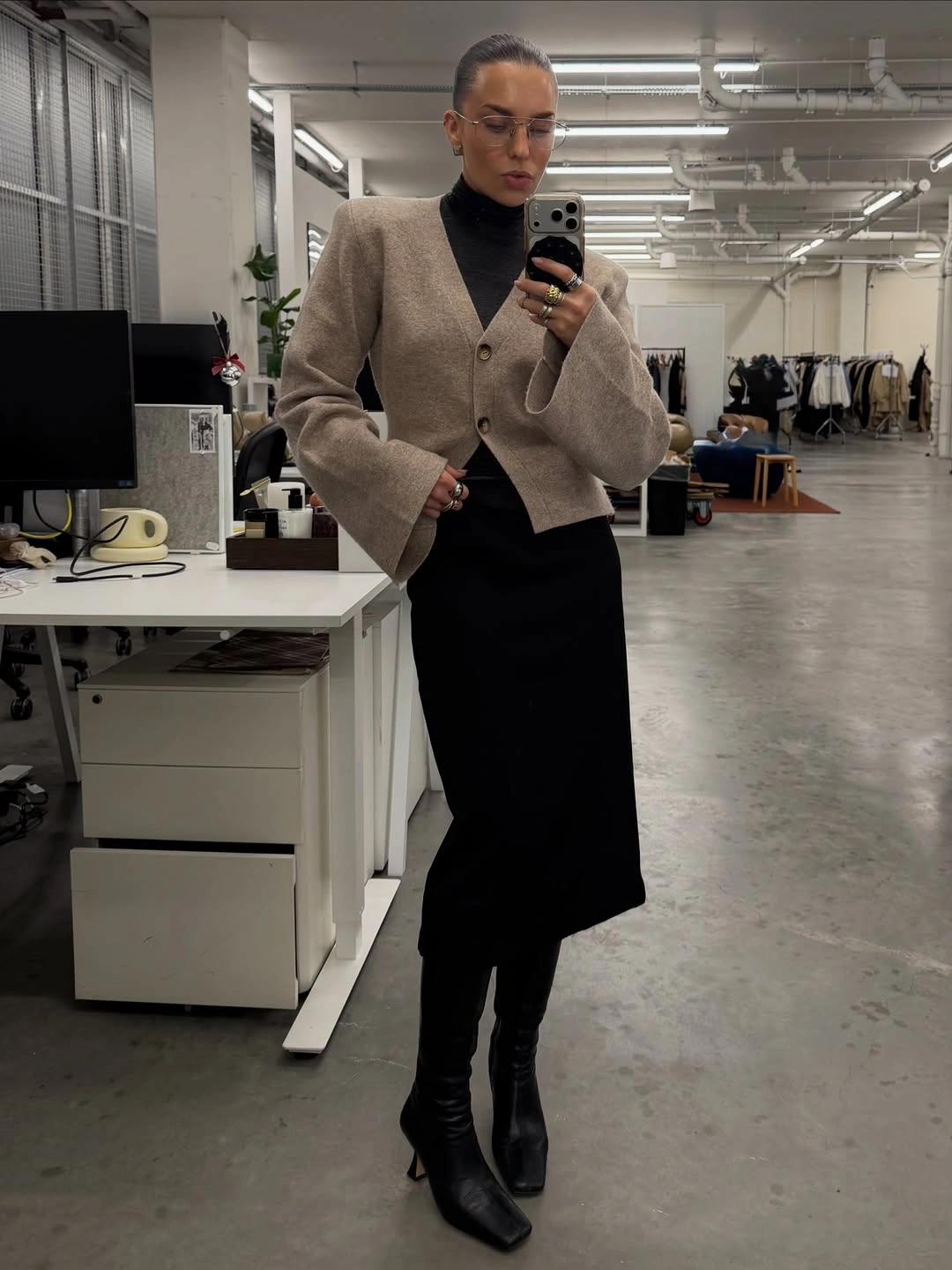 chic winter business casual outfits Soft Knit Layers With a Sleek Midi Skirt