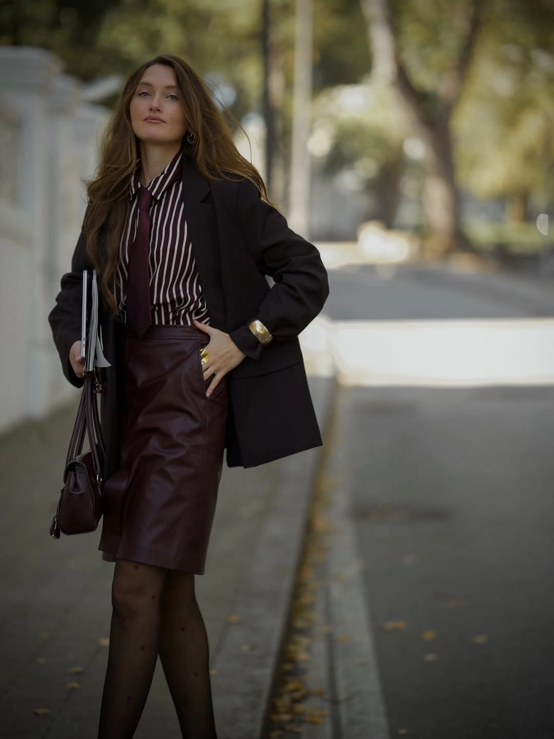 chic winter business casual outfits Burgundy Leather Skirt With Menswear Tailoring