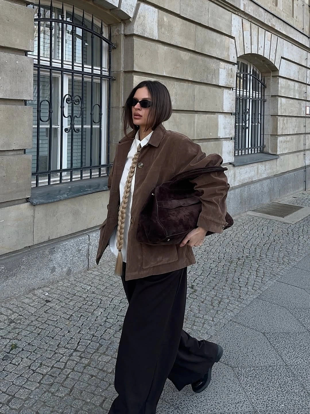 chic winter business casual outfits Brown Utility Jacket With Fluid Black Trousers