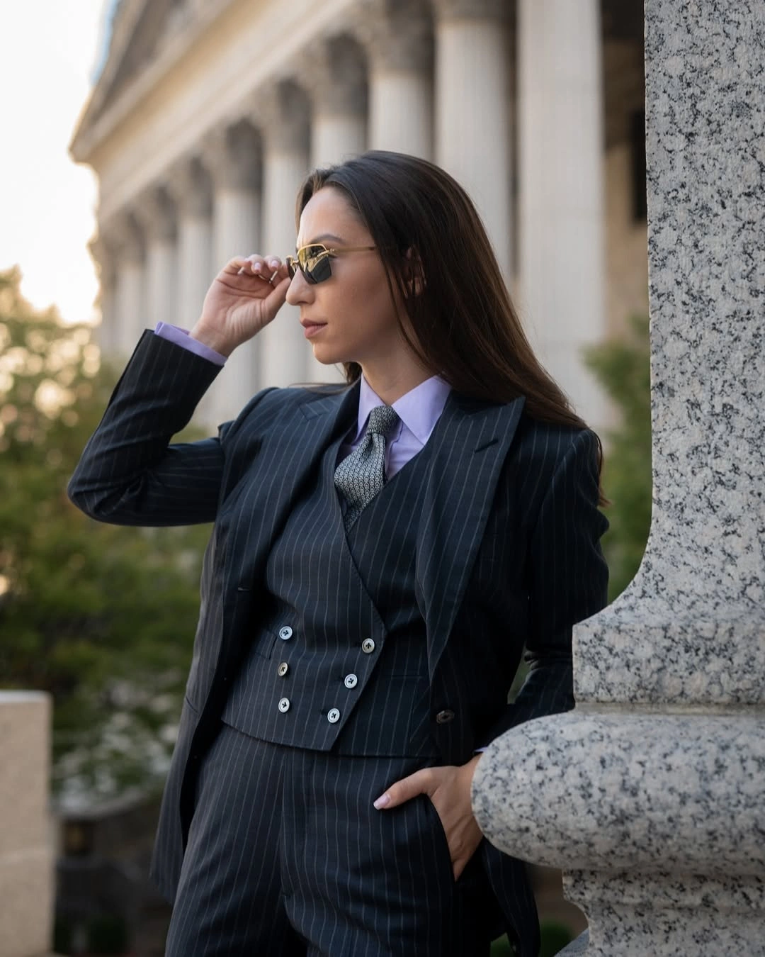 chic winter business casual outfits Pinstripe Suiting With a Lavender Shirt