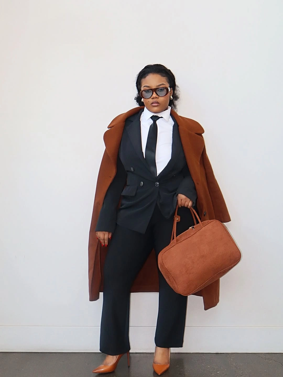 chic winter business casual outfits Black Suiting Meets a Warm Cognac Coat