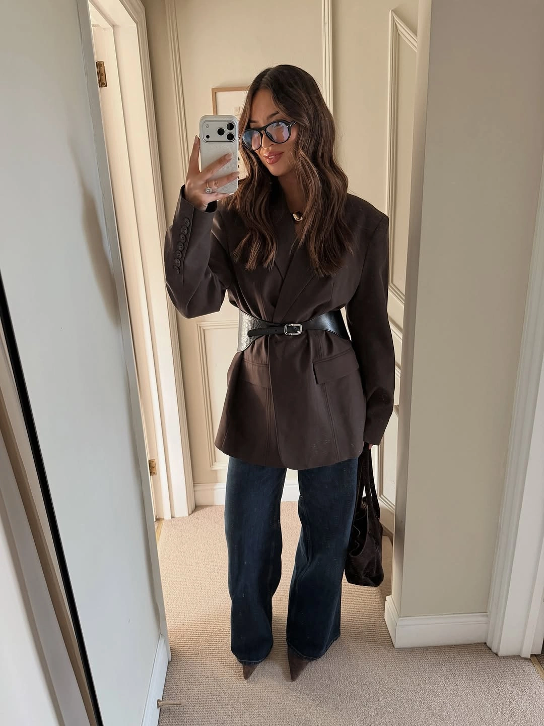 chic winter business casual outfits Chocolate Blazer and Wide Leg Jeans