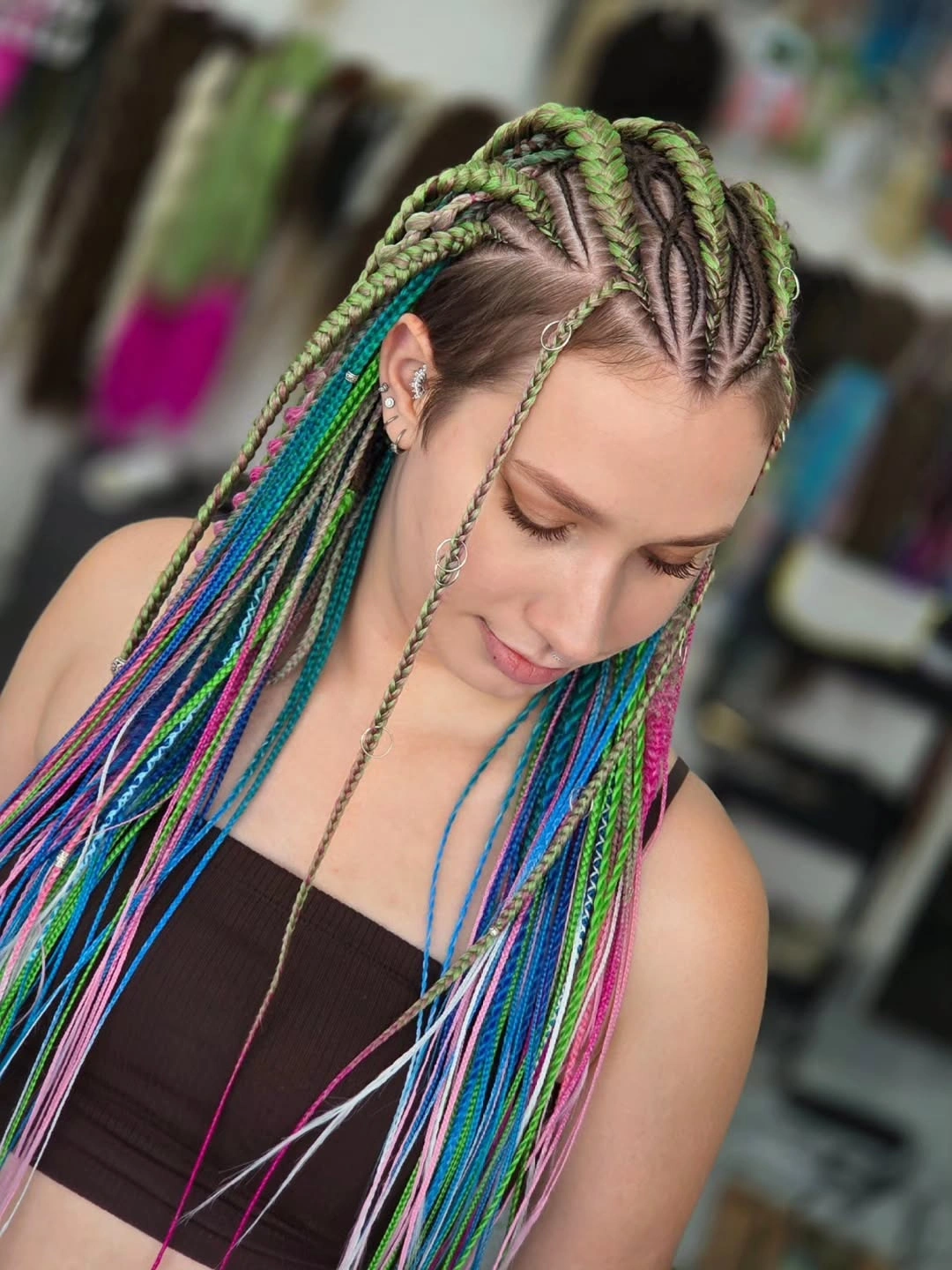colorful braids for women Green Rainbow Braids With Fine Colorful Strands