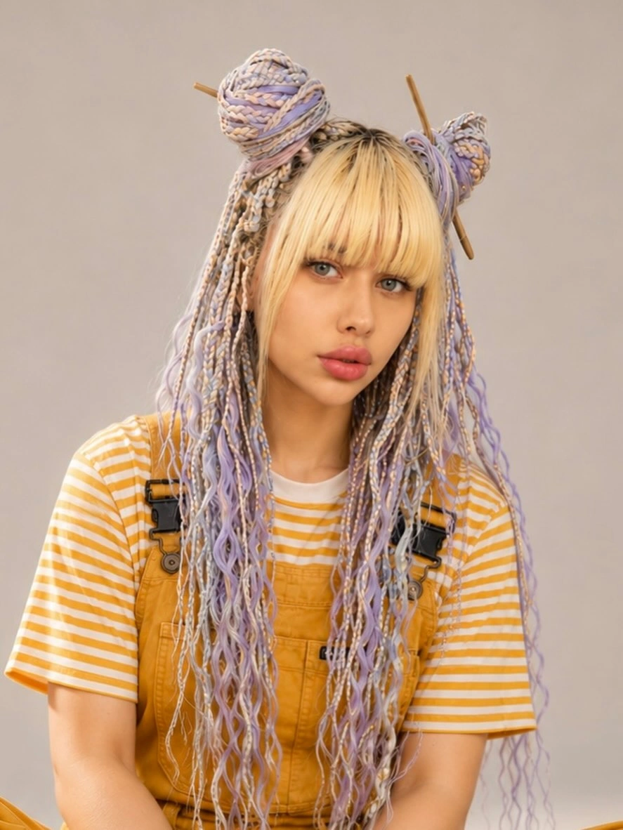 colorful braids for women Lavender Braids With Double Buns and Blonde Color