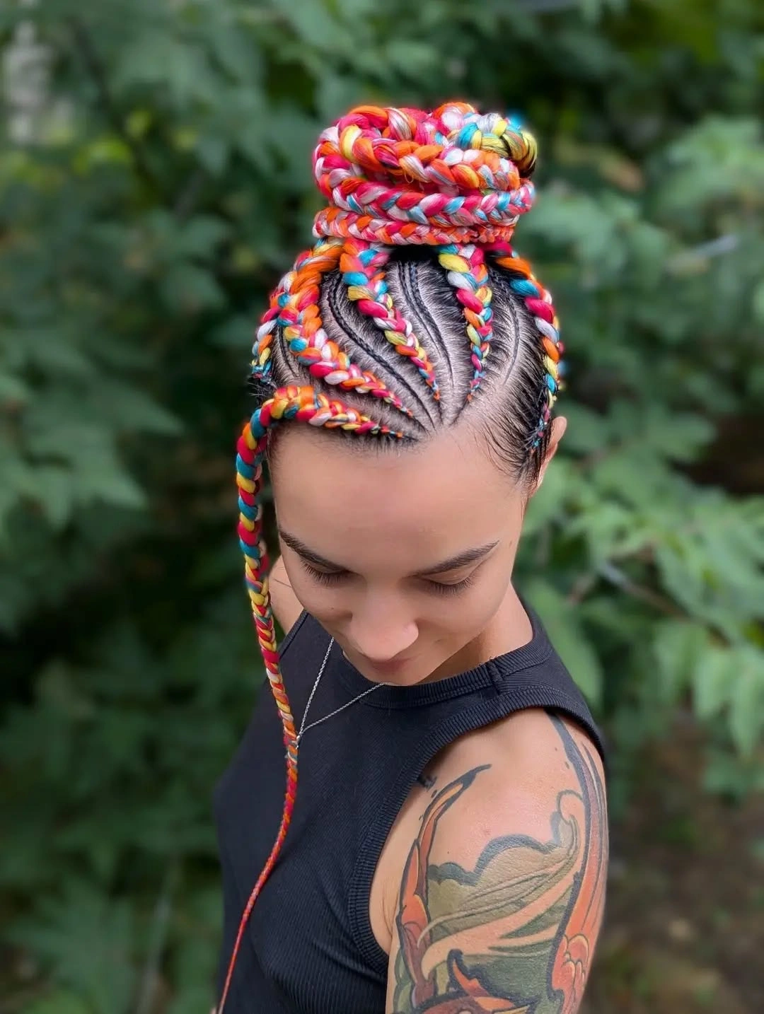 colorful braids for women Rainbow Cornrows and a Braided Top Knot