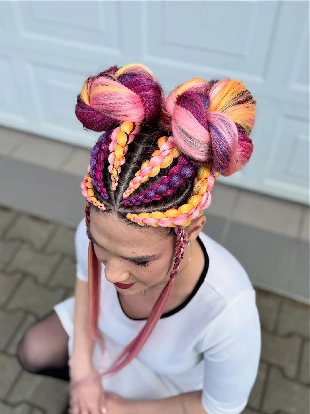 colorful braids for women Pink and Ginger Double Buns With Intricate Braids