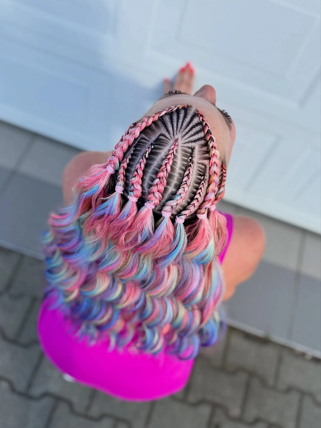 colorful braids for women Pink Blue and Lavender Braids With Curled Ends