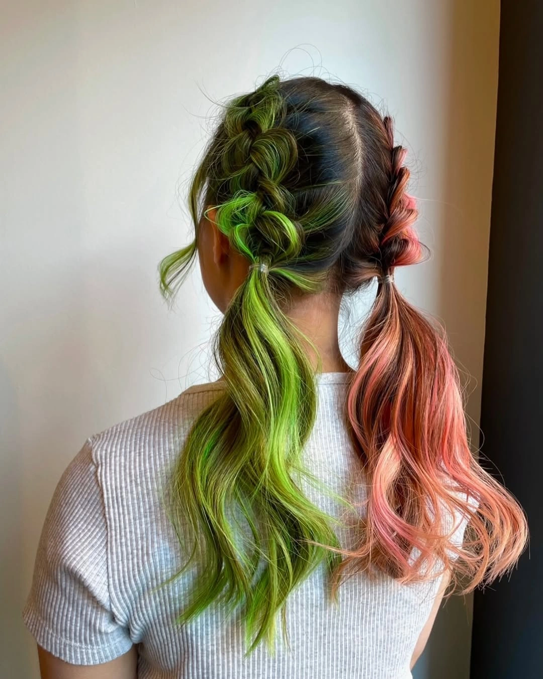colorful braids for women Split Green and Coral Braids With Soft Waves