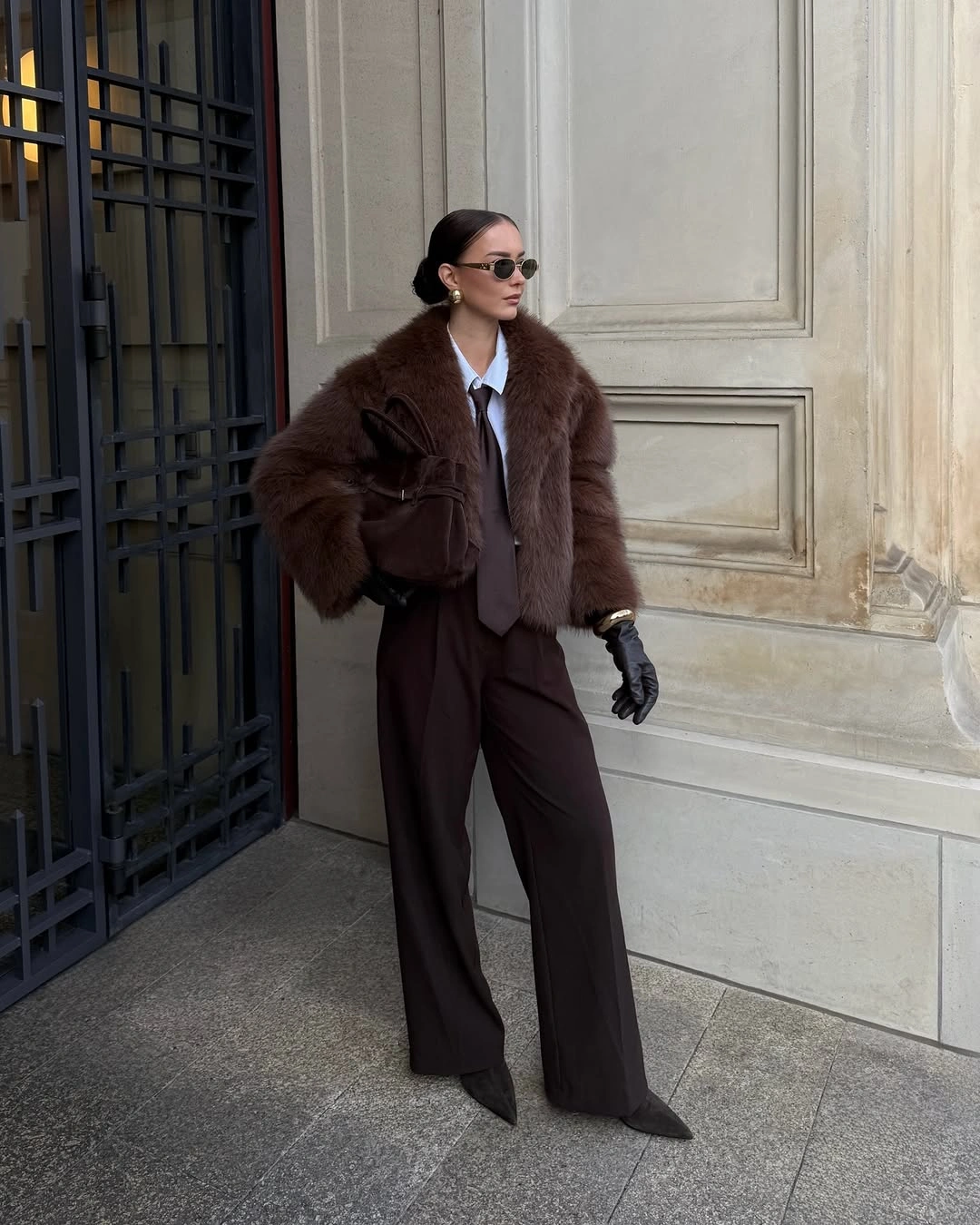 cozy late fall outfits for women Faux Fur and Chocolate Tones for Evening