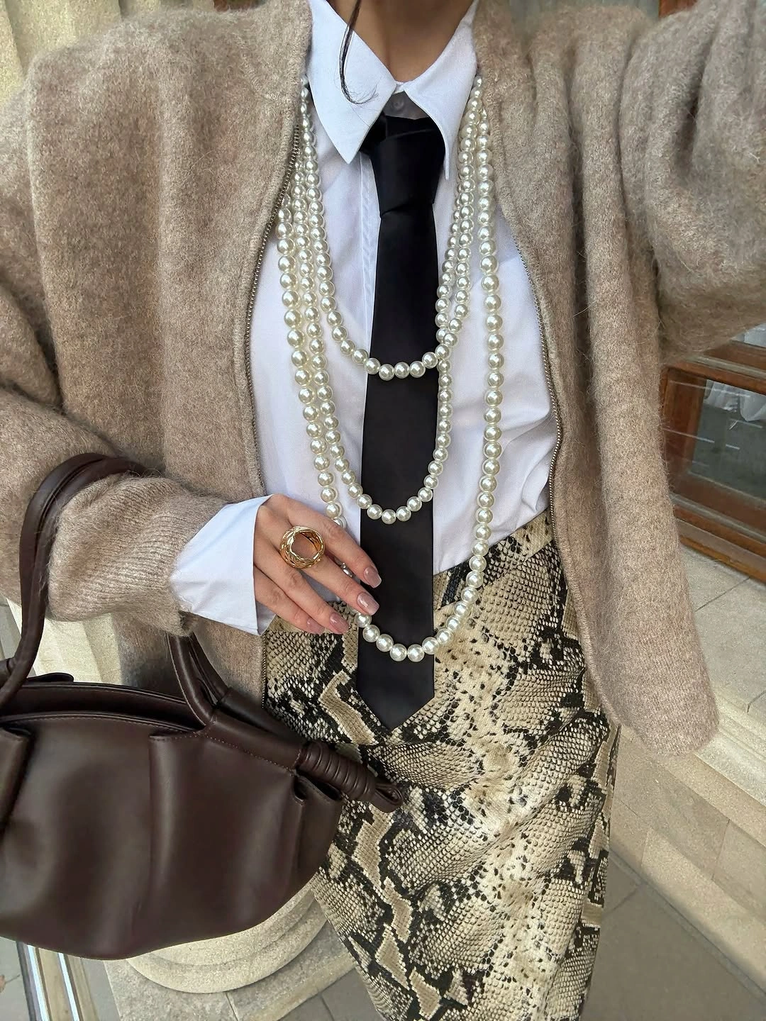 cozy late fall outfits for women Soft Neutrals With Pearls and a Borrowed Tie