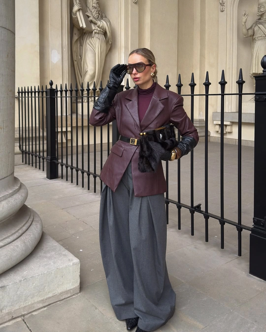 cozy late fall outfits for women Burgundy Leather and Wide Gray Trousers
