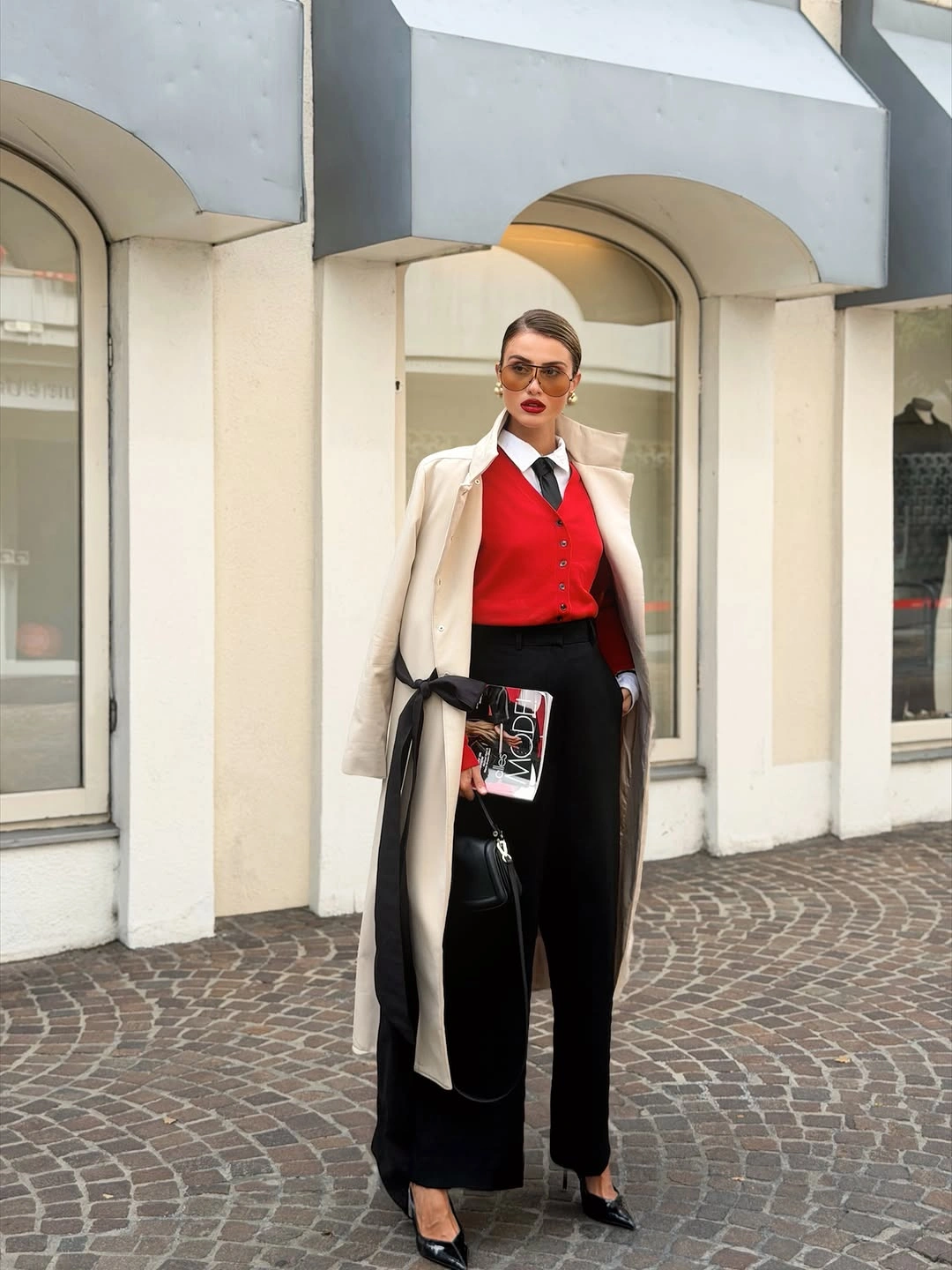 cozy november outfits ideas 2026 Red Cardigan and Cream Trench for a Polished November Outfit