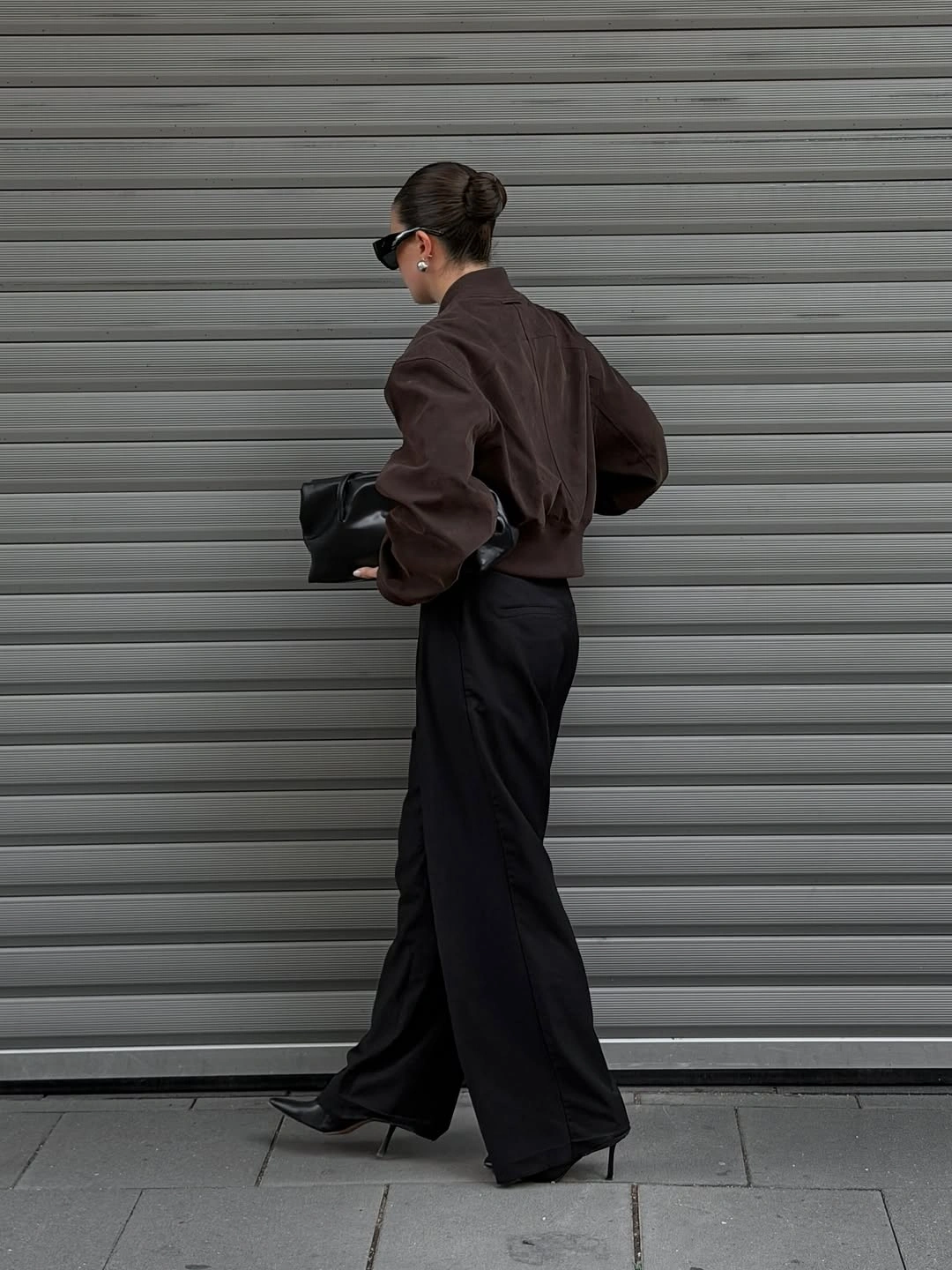 cozy november outfits ideas 2026 Chocolate Bomber Jacket with Wide Trousers for a Modern Evening Look
