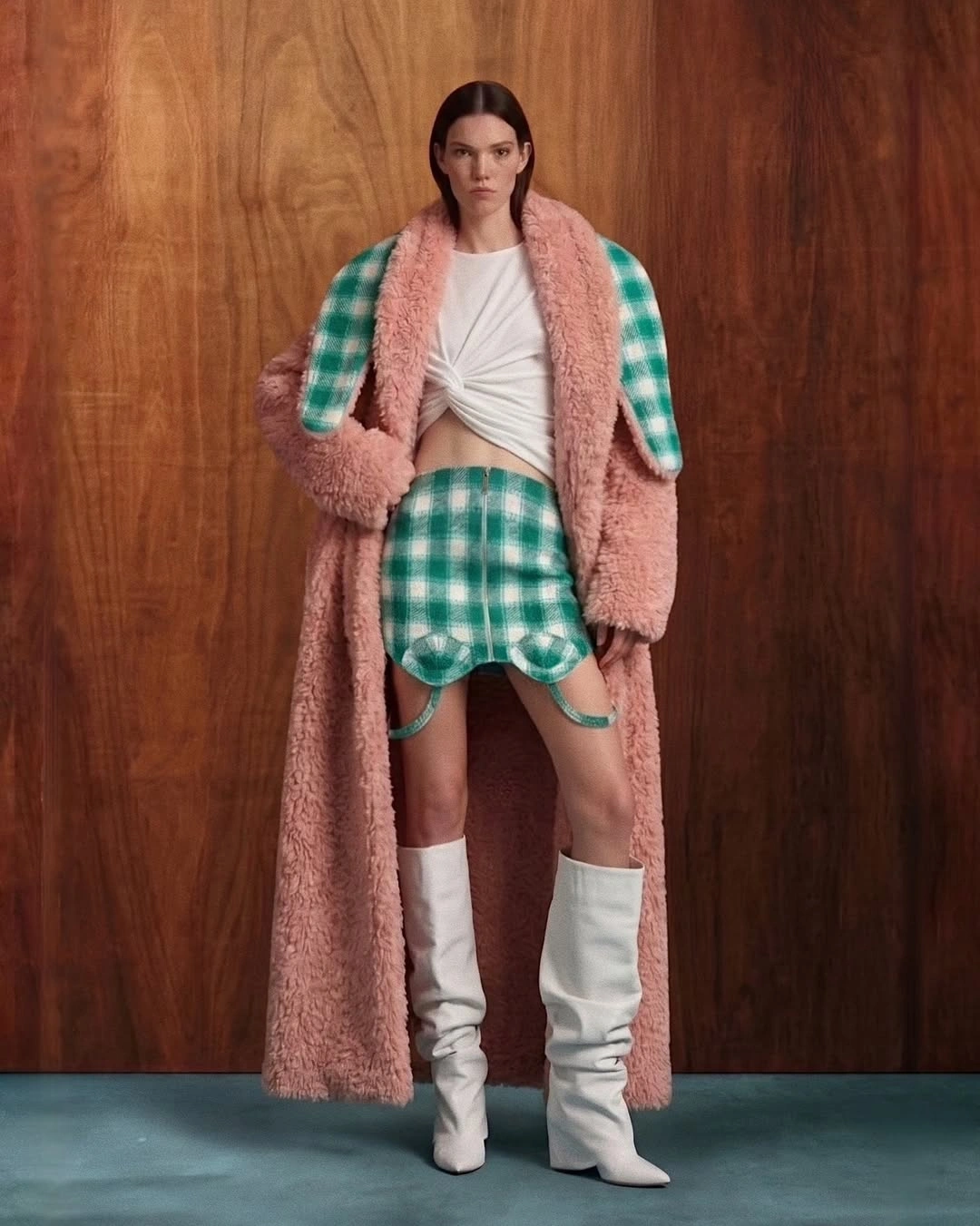 cozy november outfits ideas 2026 Pink Faux Fur and Playful Checks for a Cute November Statement