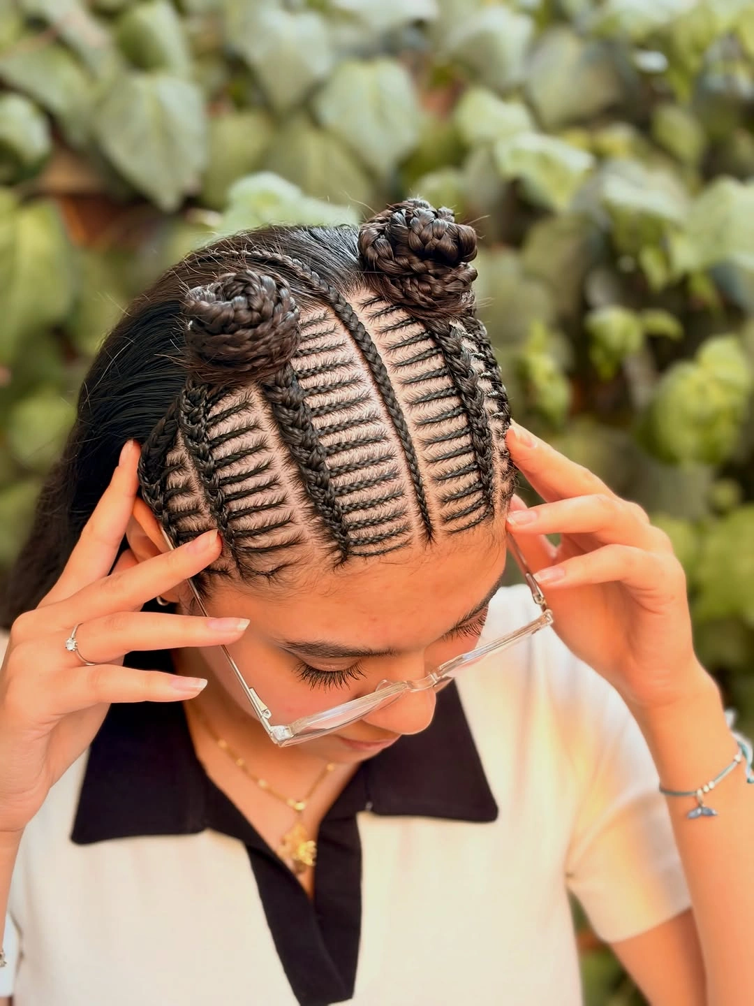 cute braid hairstyle for women Double Braided Buns With Fine Cornrows