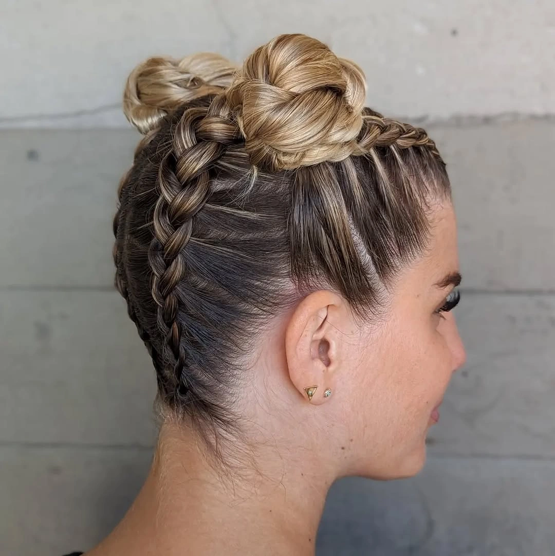 easy braid hairstyle braided high bun with face-framing bangs