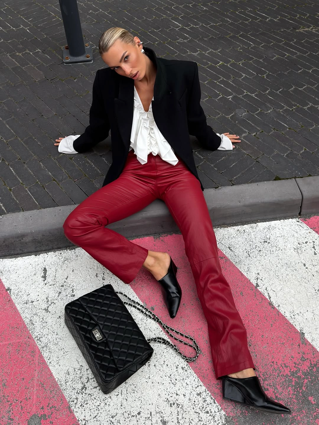 elegant and trendy outfits for women over 30 2027 Red Leather Pants With Tailored Contrast