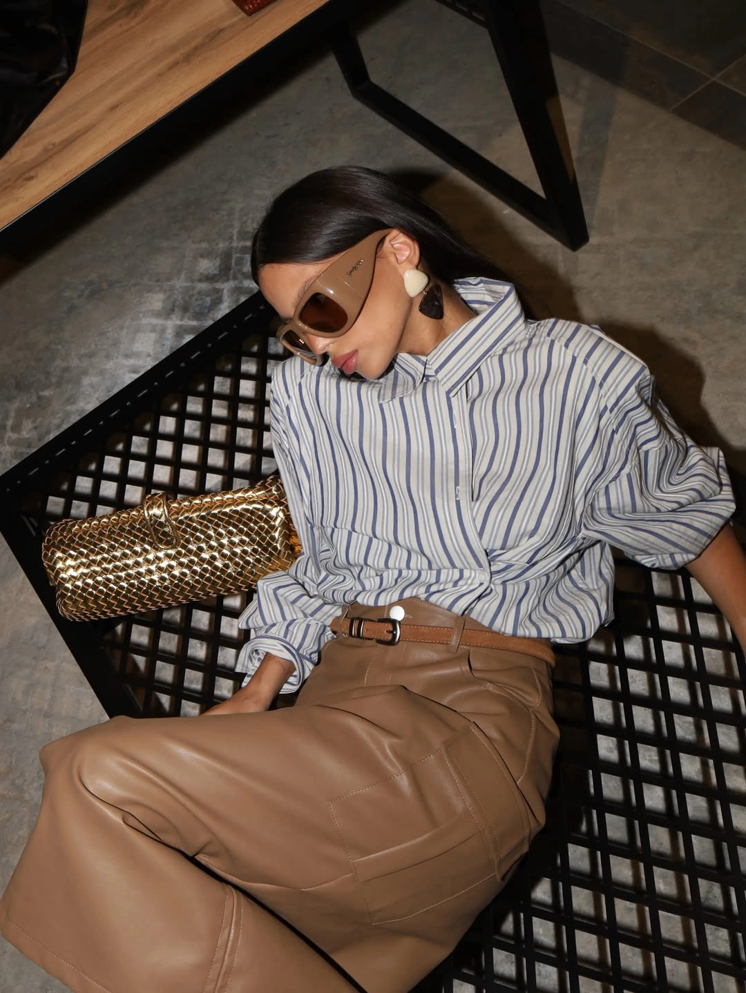 elegant and trendy outfits for women over 30 2027 Striped Shirt With Luxe Neutral Leather