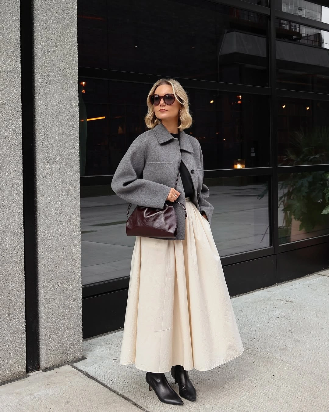 elegant winter skirt outfits for women Soft Gray Jacket With an Ivory Maxi Skirt