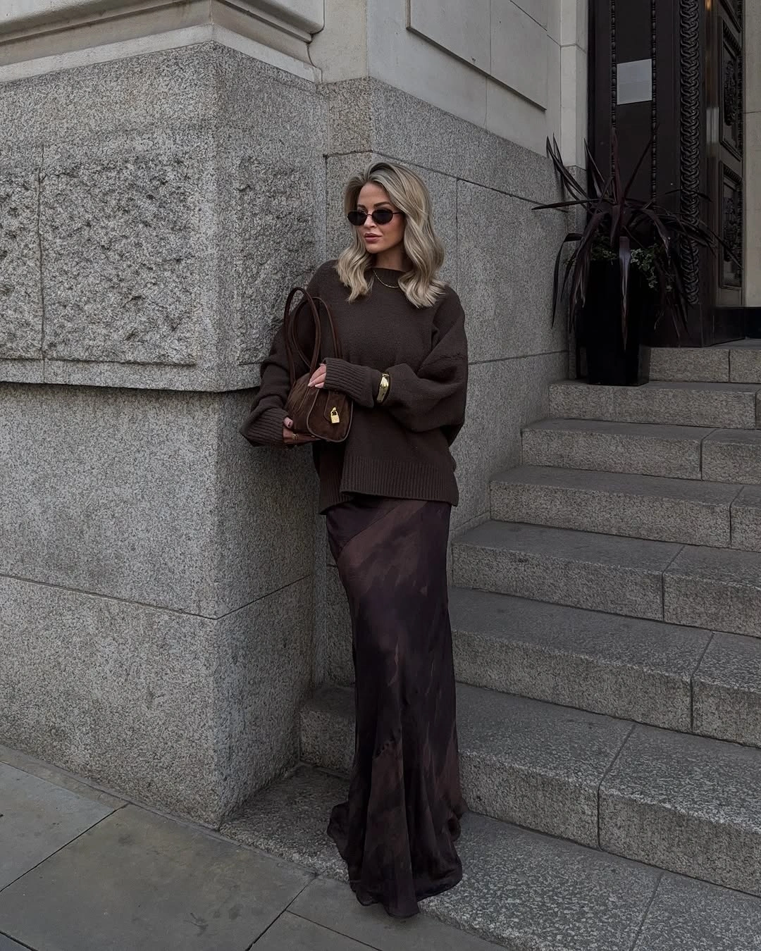 elegant winter skirt outfits for women Oversized Chocolate Knit With a Satin Maxi