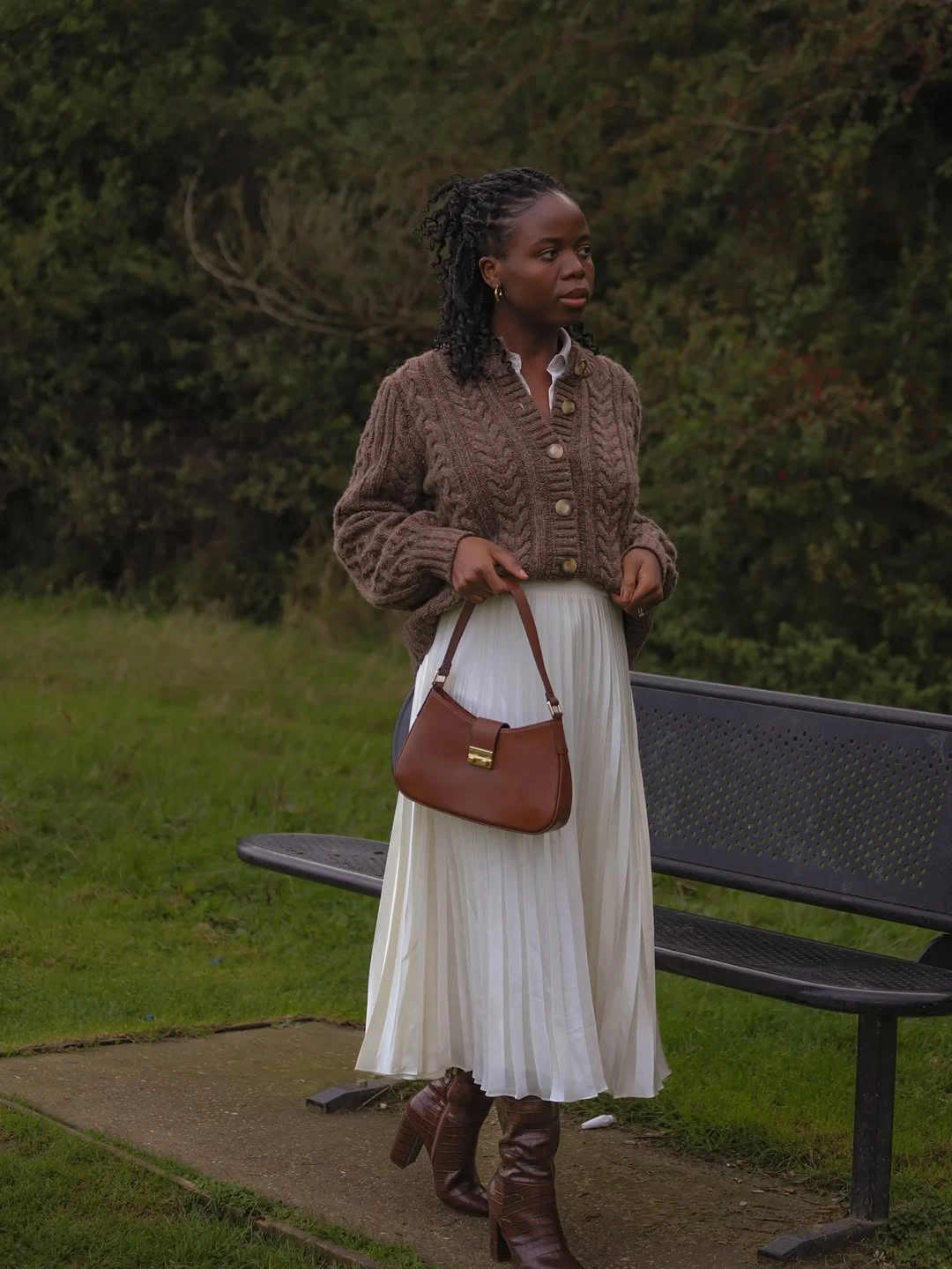 elegant winter skirt outfits for women Cable Knit With an Ivory Pleated Skirt