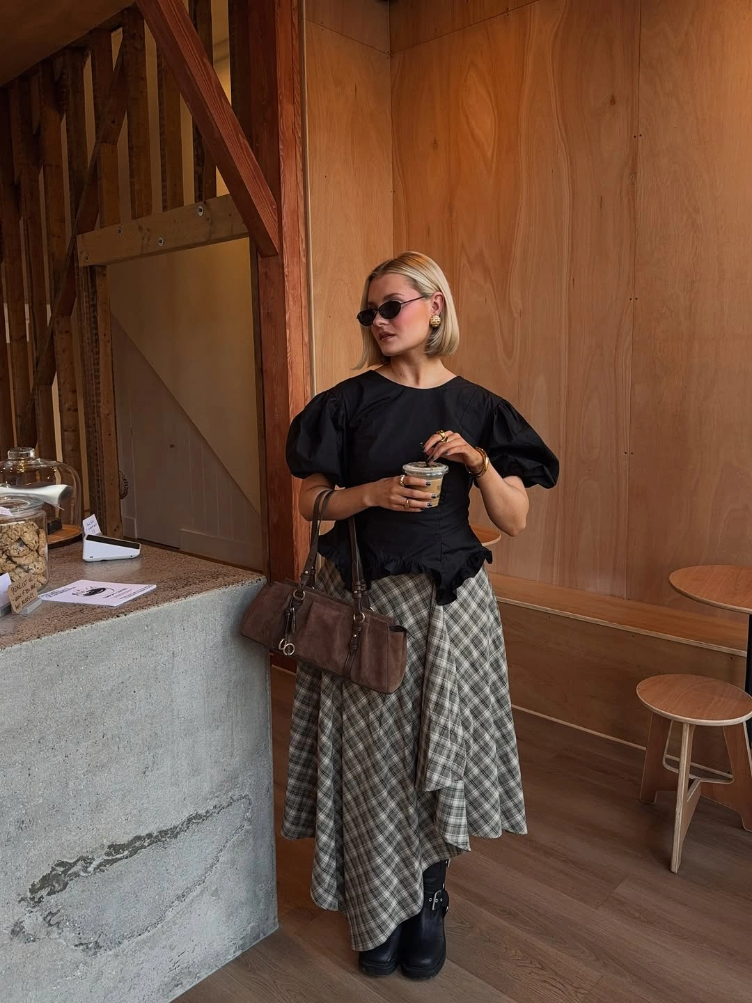 elegant winter skirt outfits for women Black Blouse and Flowing Plaid Skirt for a Refined Feminine Look