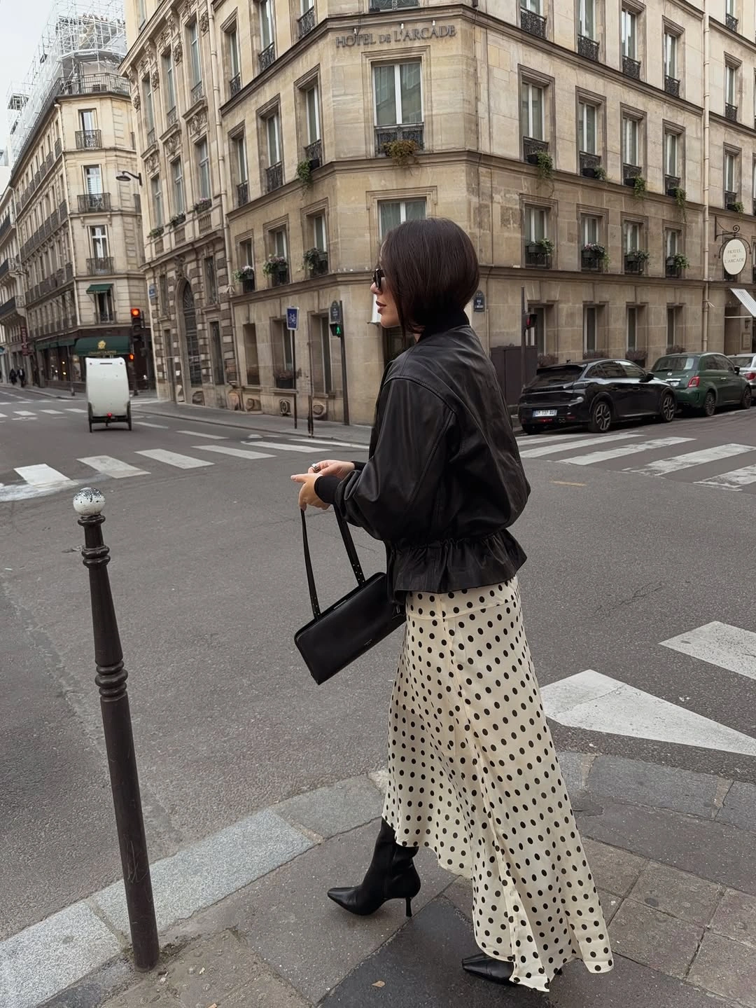 elegant winter skirt outfits for women Polka Dot Midi Skirt and Leather Jacket for Parisian-Inspired Ease
