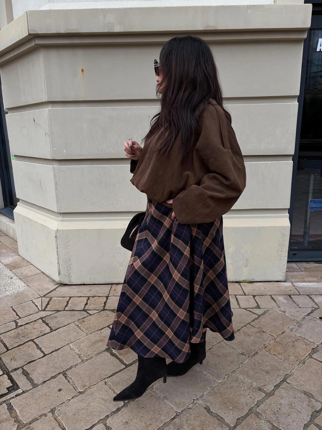 elegant winter skirt outfits for women Chocolate Suede With a Heritage Plaid Skirt