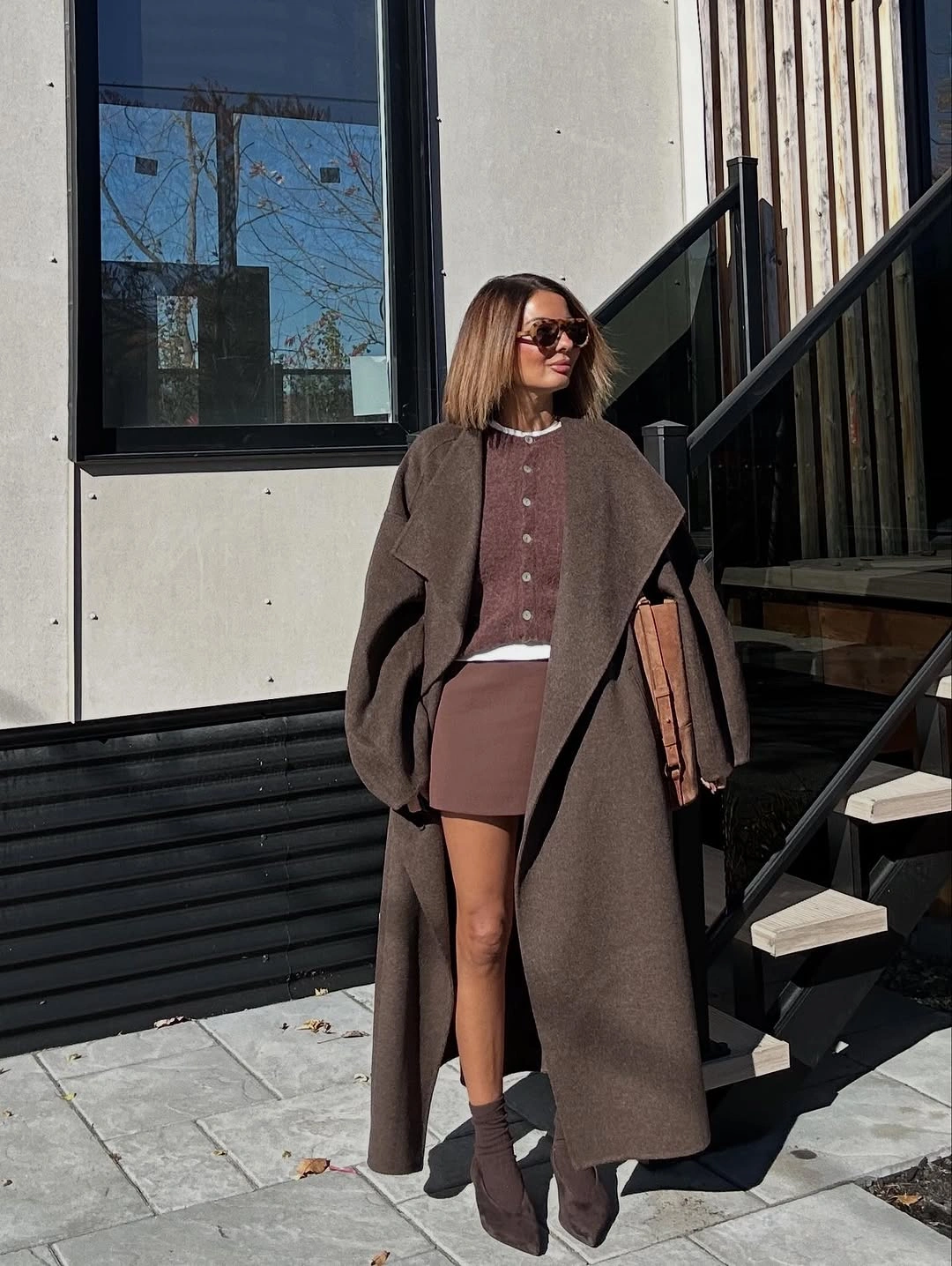 elegant winter skirt outfits for women Cocoa Maxi Coat With a Tonal Mini Skirt