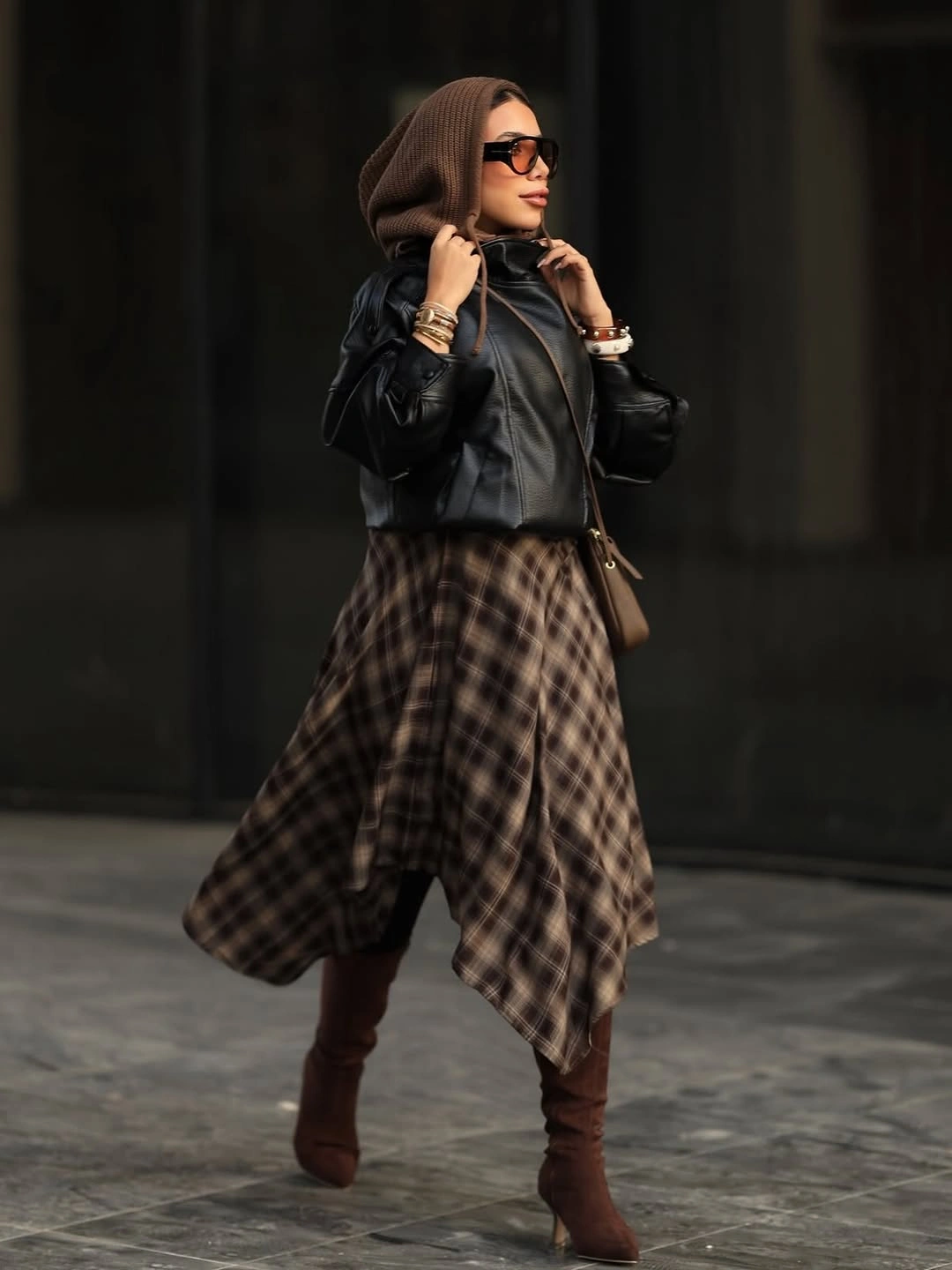 elegant winter skirt outfits for women Leather and Plaid With a Knitted Hood