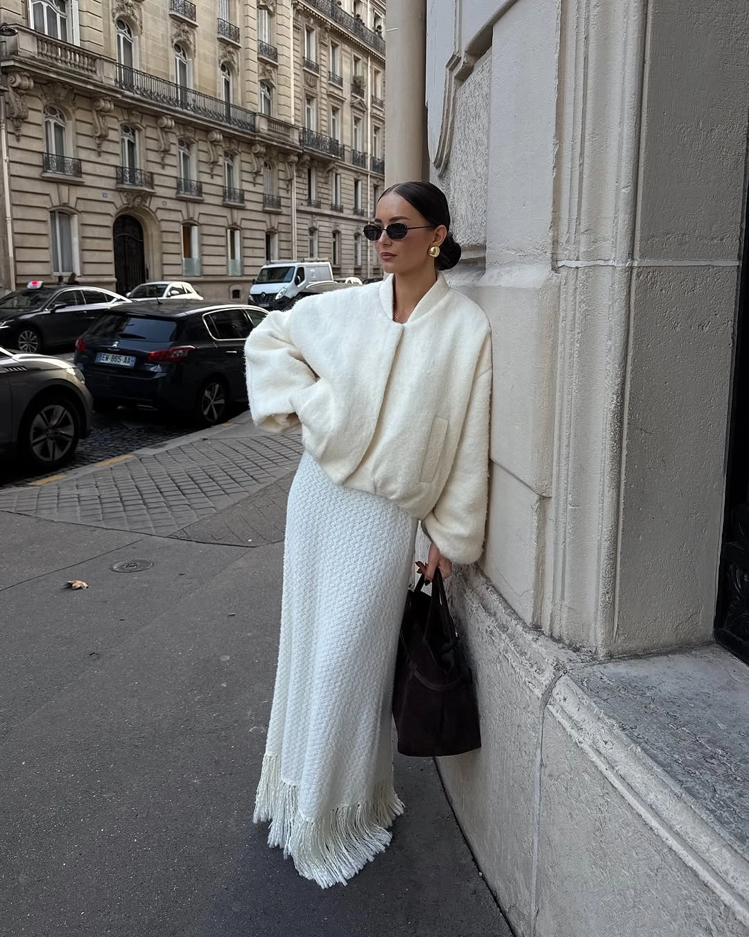 elegant winter skirt outfits for women Winter White From Jacket to Maxi Skirt