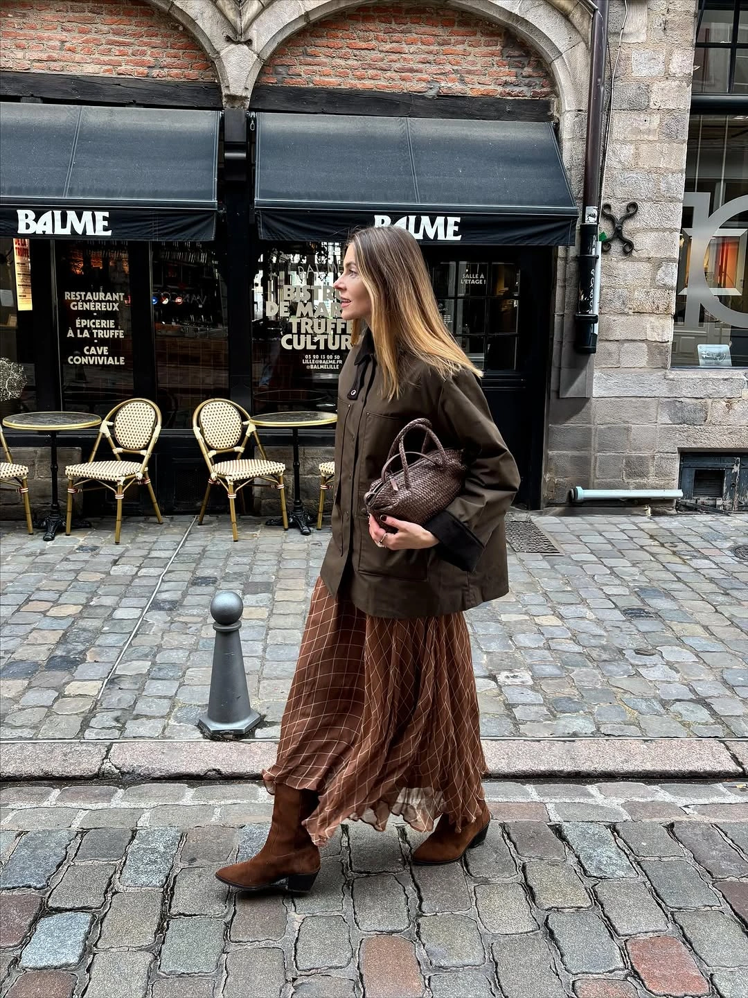elegant winter skirt outfits for women Chocolate Utility Jacket With a Flowing Skirt
