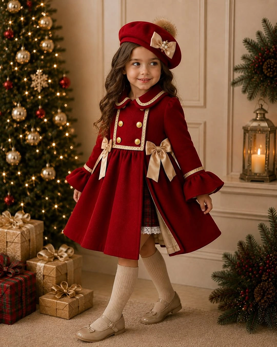 festive christmas outfits for kids 2026 Red Wool Bows and a Storybook Holiday Mood