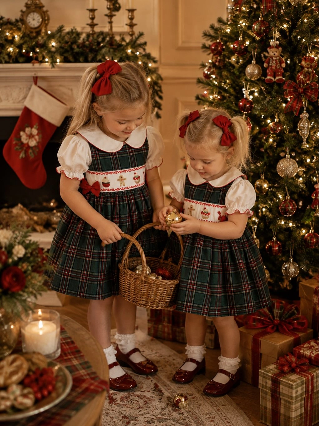 festive christmas outfits for kids 2026 - Classic Tartan Dresses With Big Red Bows