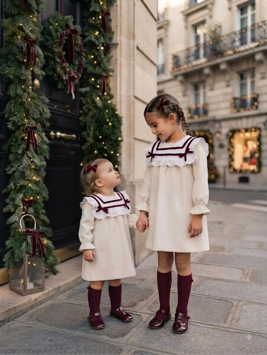 festive christmas outfits for kids 2026 - Winter White Dresses With Burgundy Details