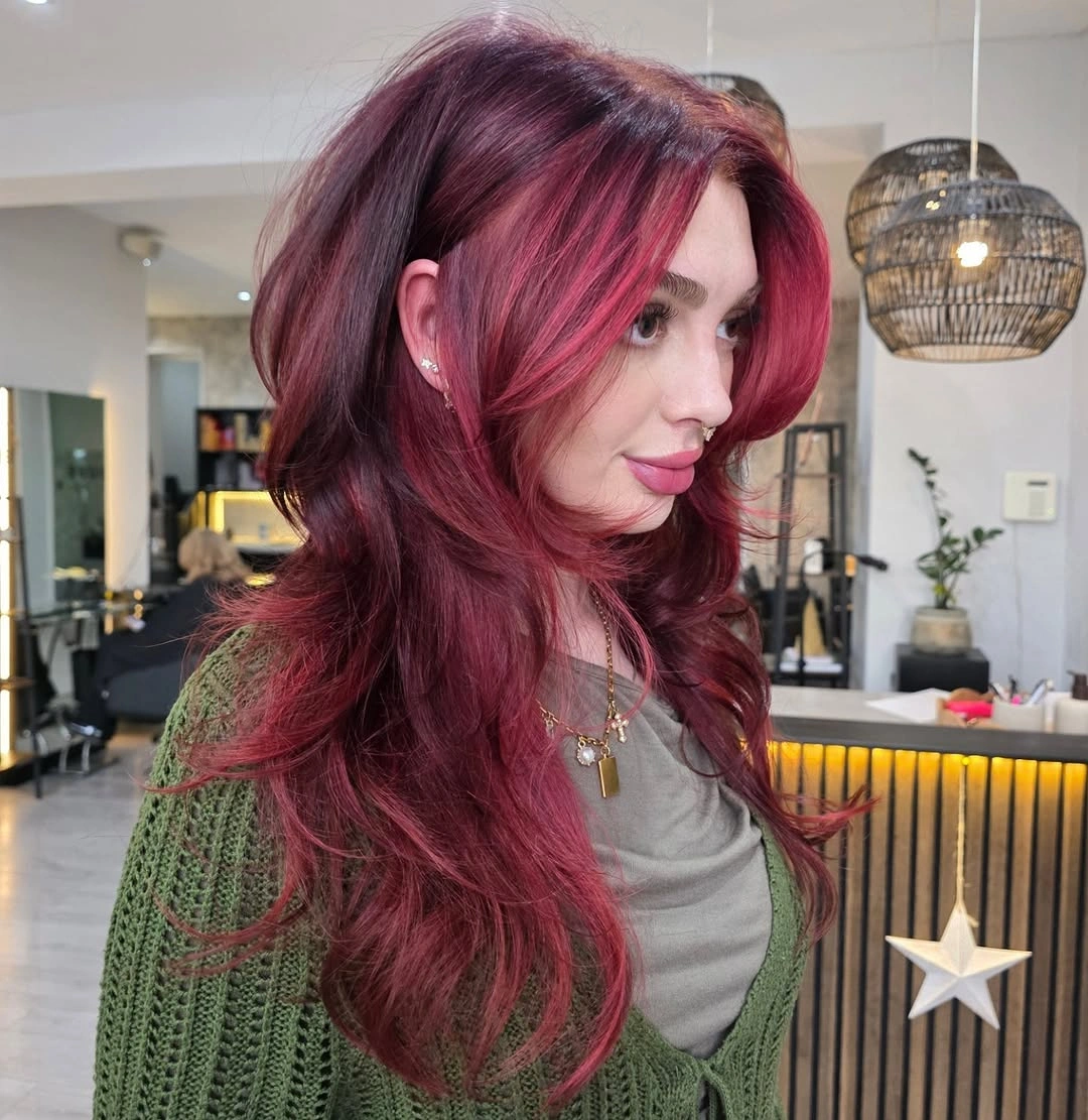 flattering winter haircuts for plus size women - Deep Burgundy Butterfly Layers