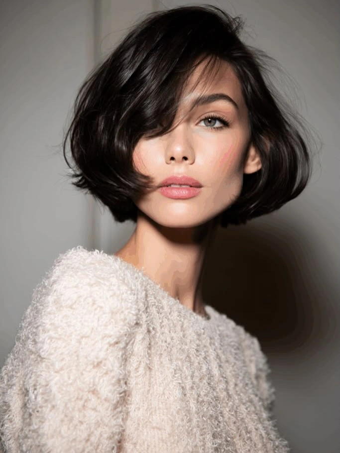 french bob cut Soft Black Bob With Side-Swept Bangs