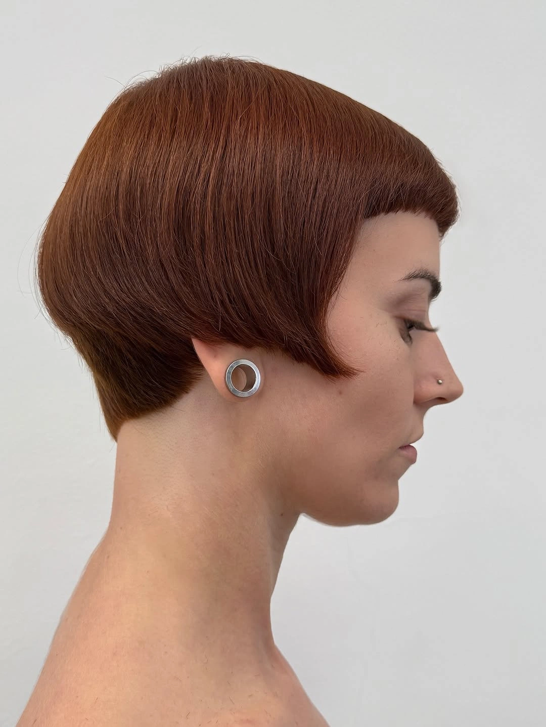 french bob cut Polished Auburn Bob With Micro Bangs