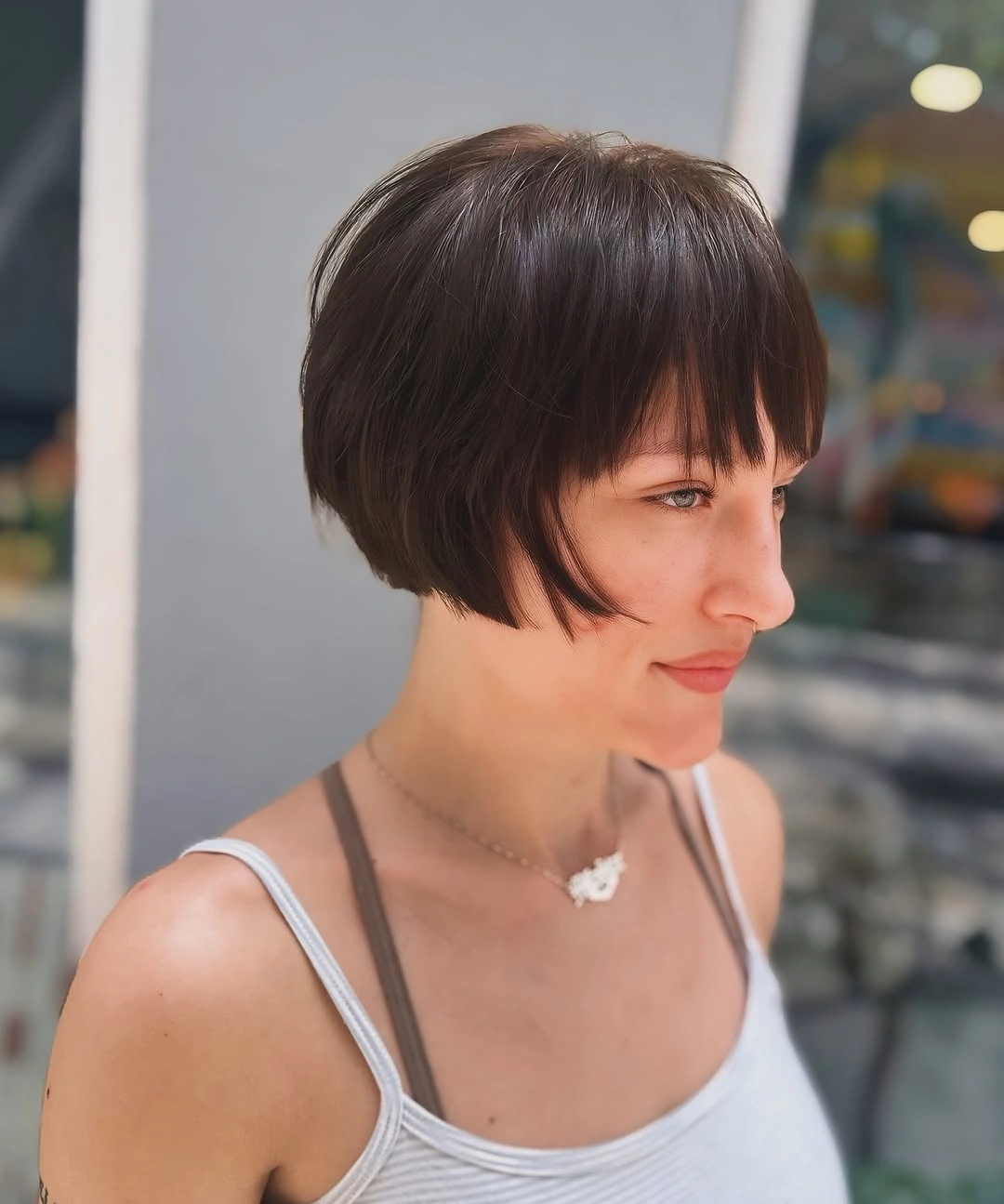 french bob cut Soft Brunette Bob With Airy Bangs