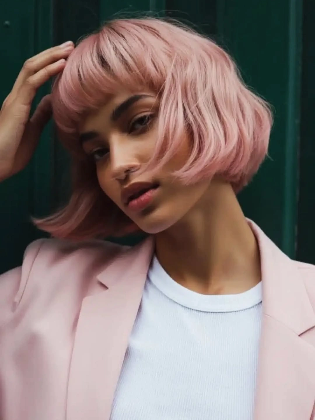 french bob cut Blush Pink Bob With Playful Bangs
